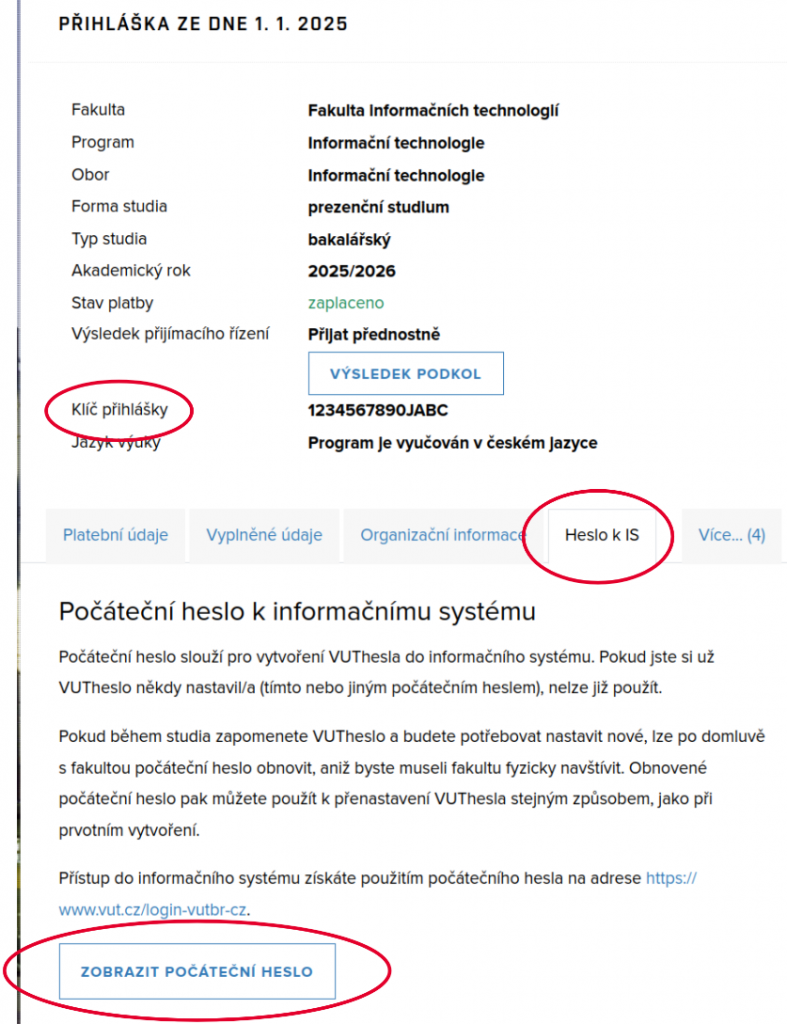 Počáteční heslo v e-přihlášce